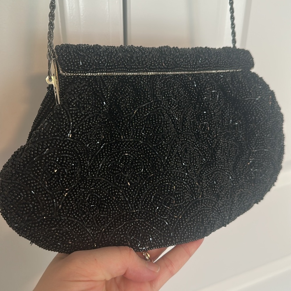 La Regale Beaded Cocktail Purse with Magnetic Closure Black